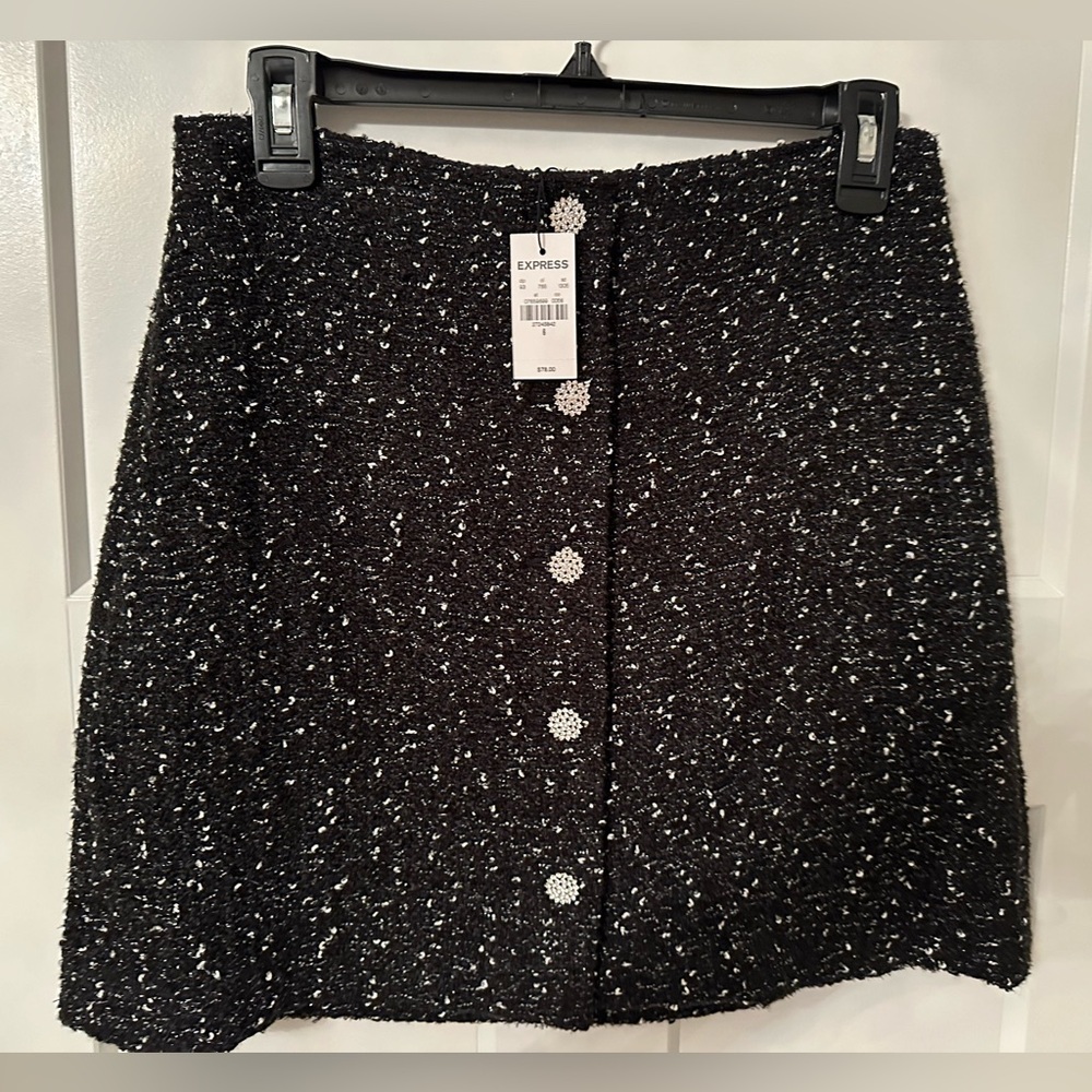 Tweed rhinestone button front mini skirt
